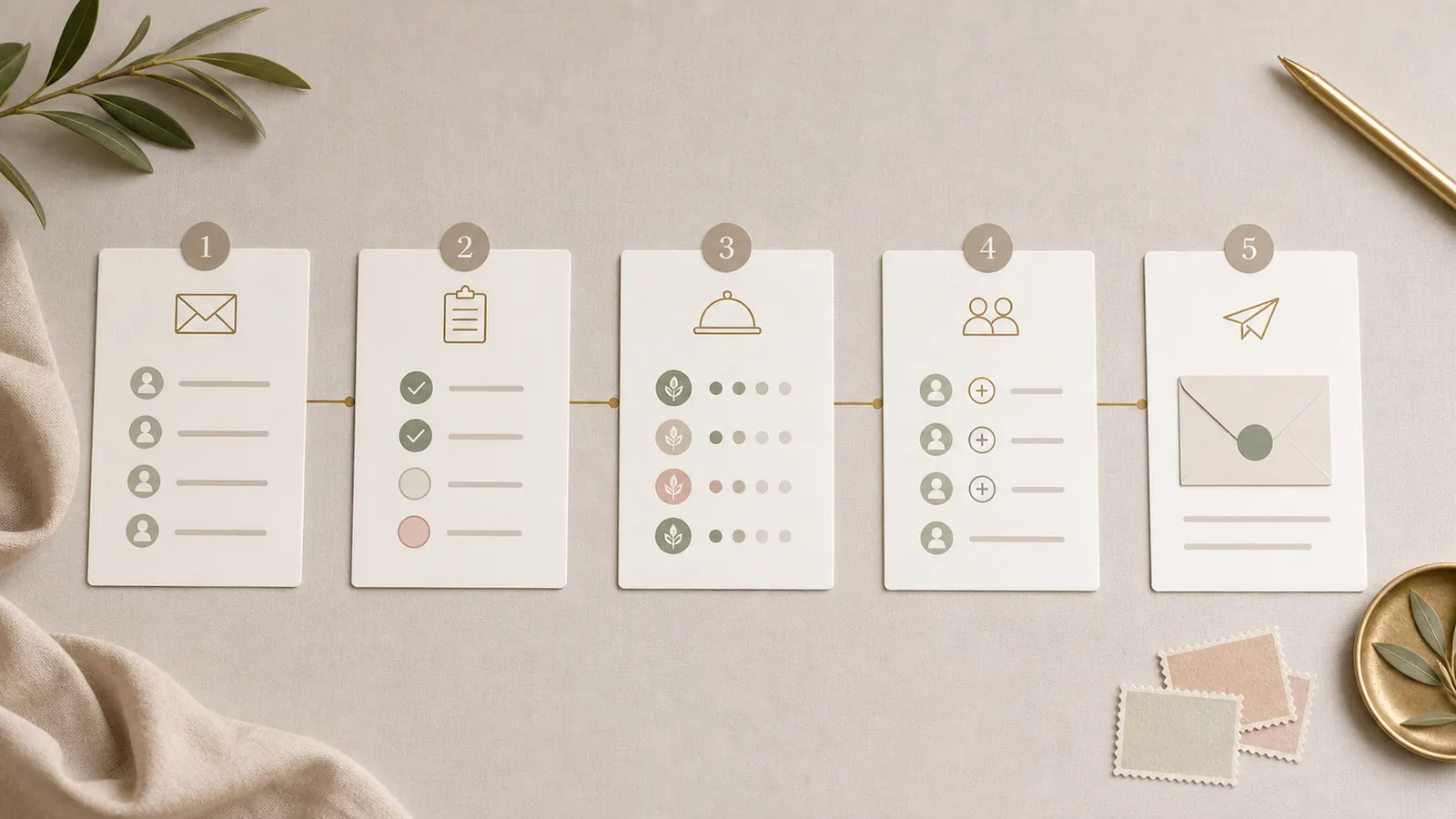 Visual wedding guest management workflow with RSVP, dietary, plus-one, and follow-up cards