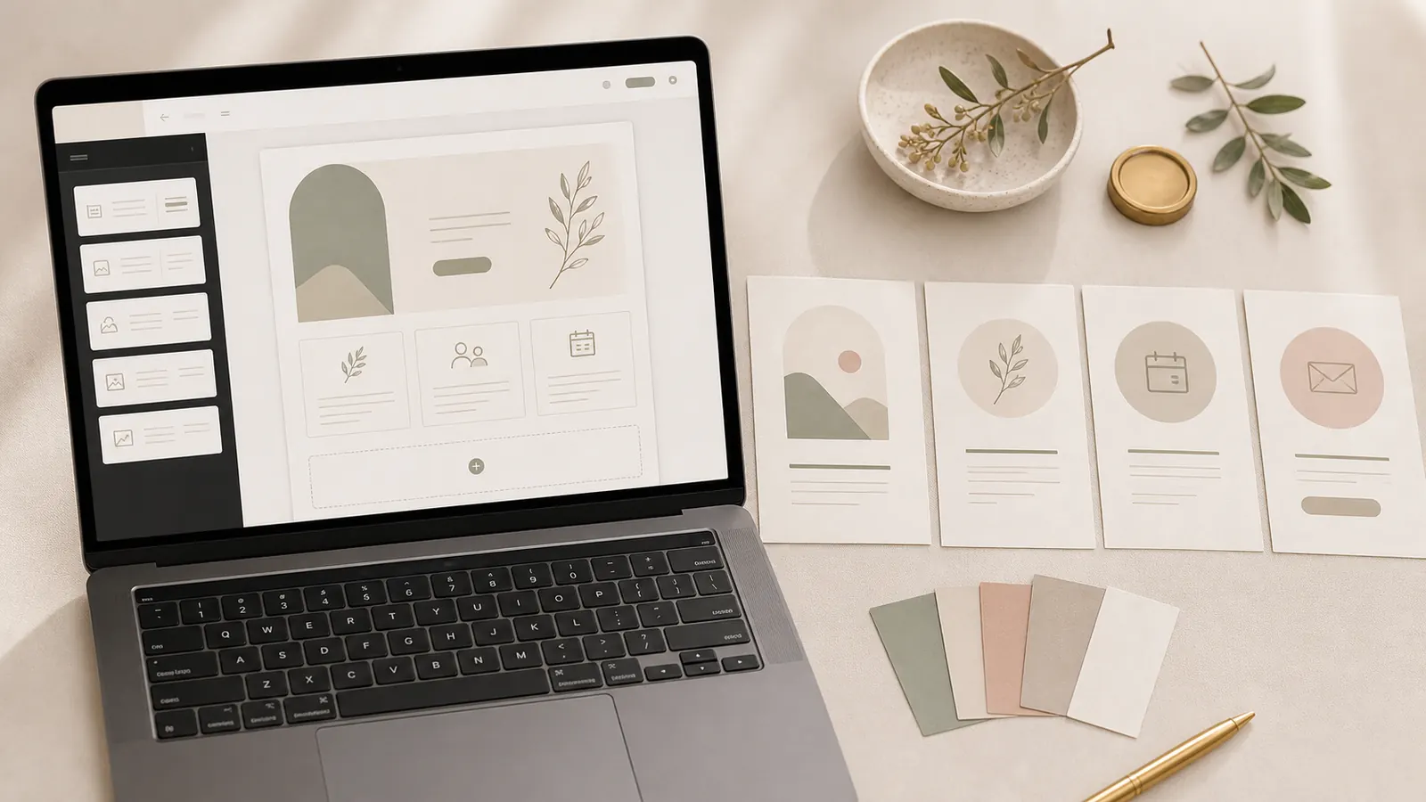 Modular wedding website editor concept with hero, story, schedule, and RSVP section cards