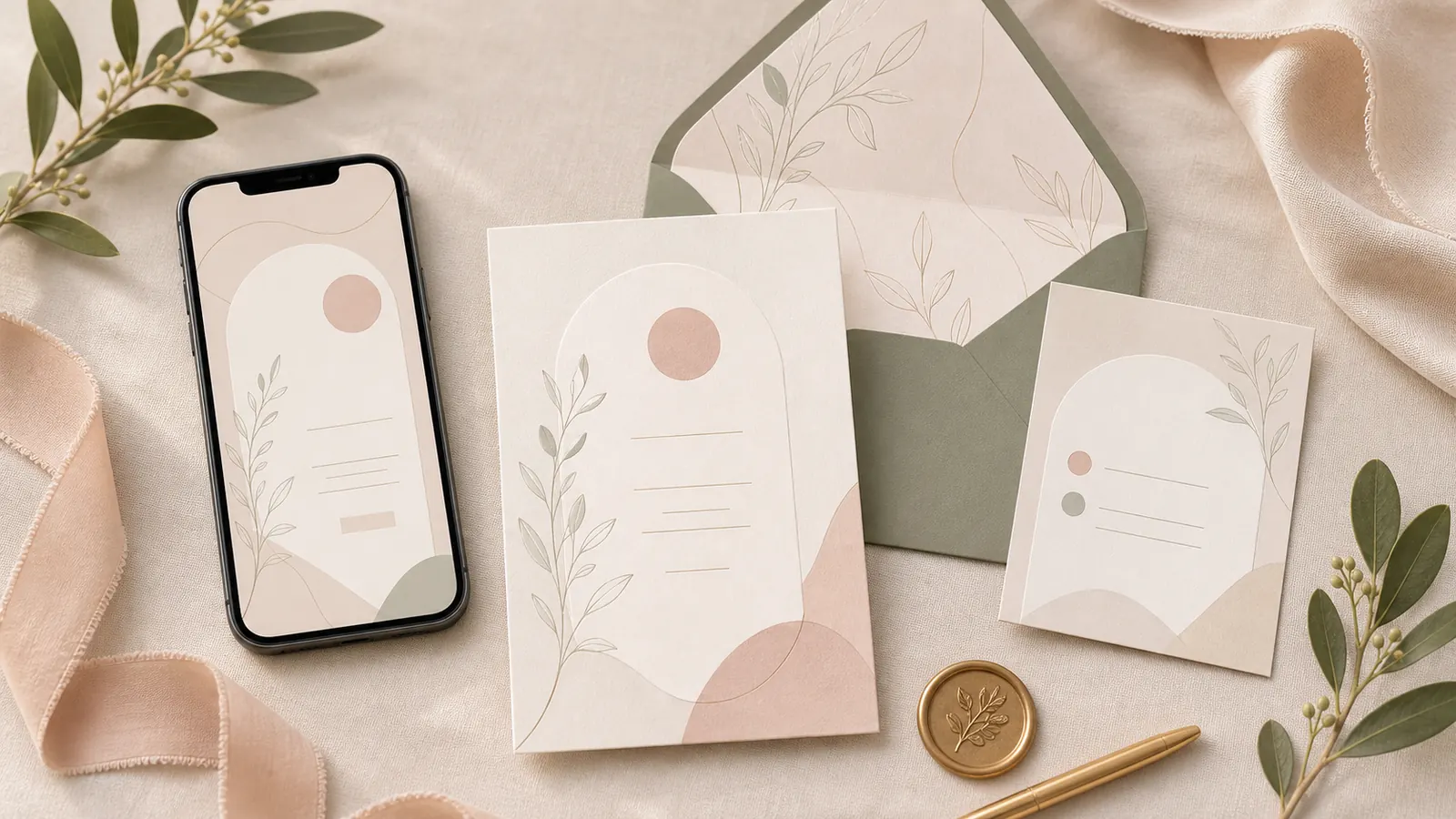 Coordinated smartphone invitation and physical wedding stationery using one abstract botanical visual language