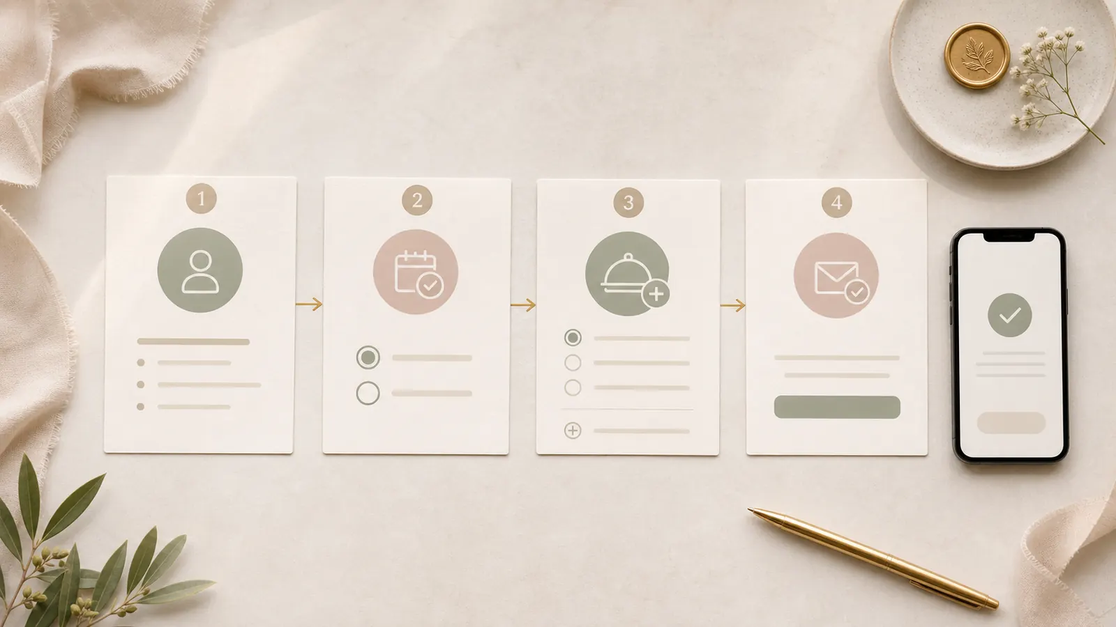 Four-step RSVP form flow from guest identification to attendance, details, and confirmation