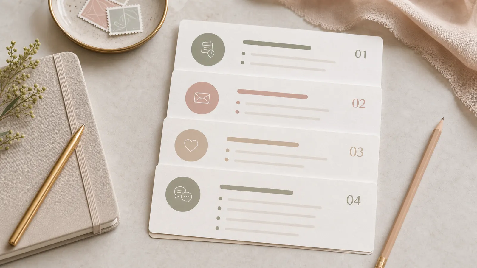 Wedding website copy framework with layered cards for logistics, actions, story, and FAQ