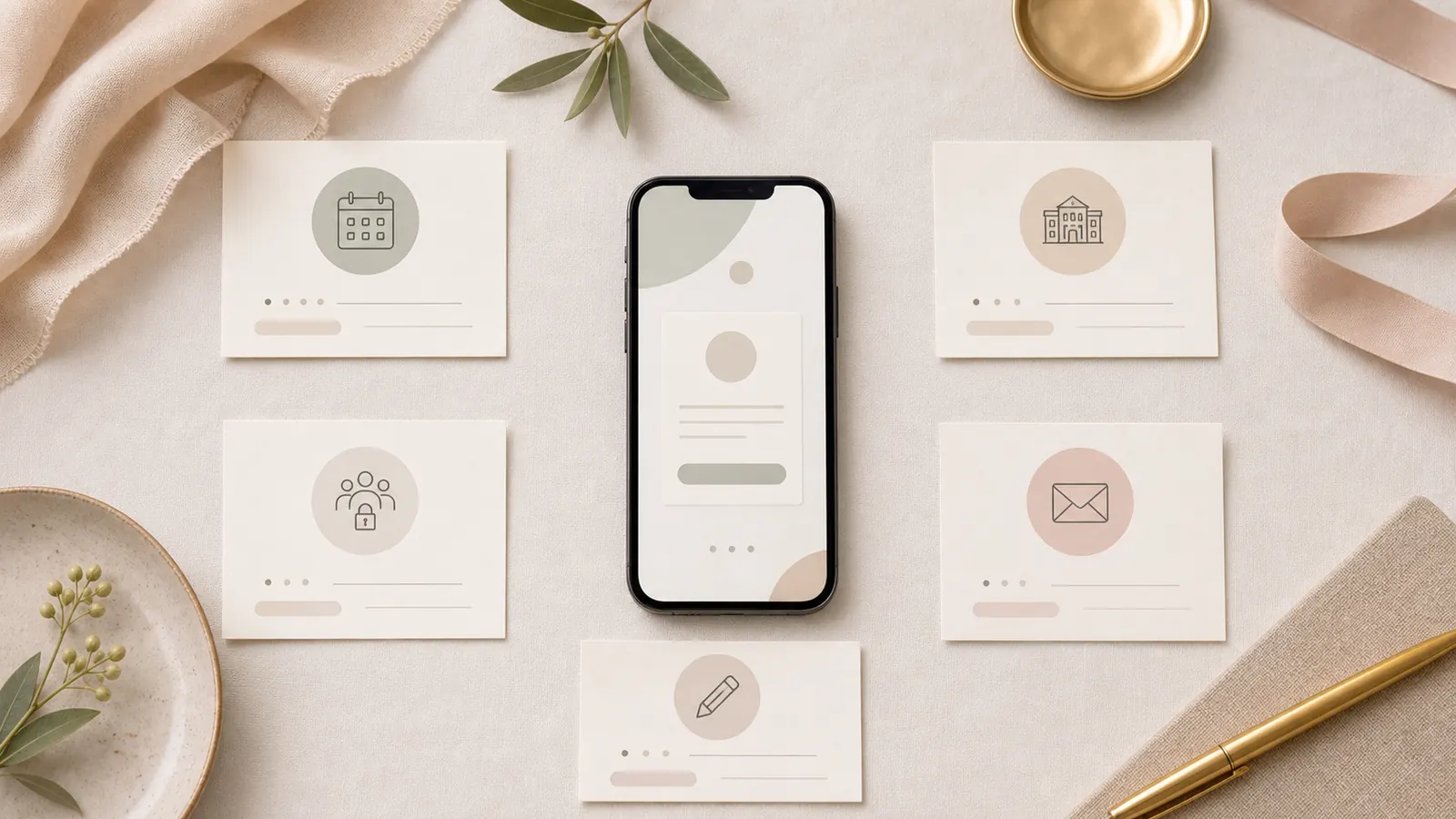 Five-card wedding website planning board with date, venue, guest, RSVP, and ownership icons