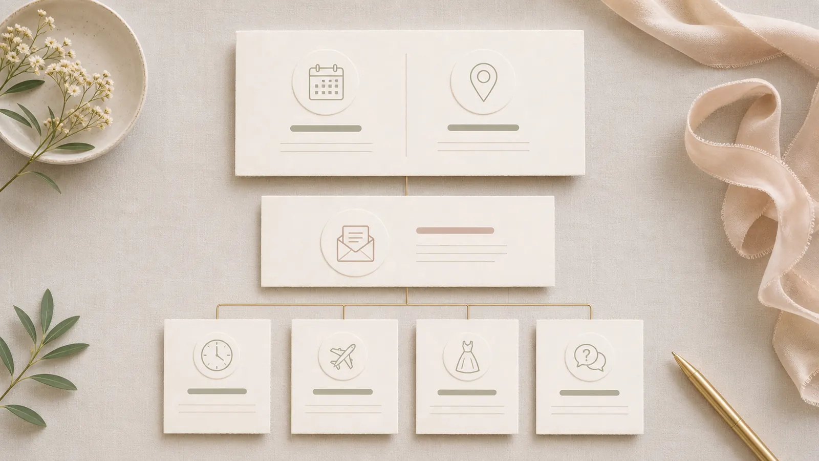 Layered wedding website information hierarchy from essentials to schedule, travel, dress code, and FAQ
