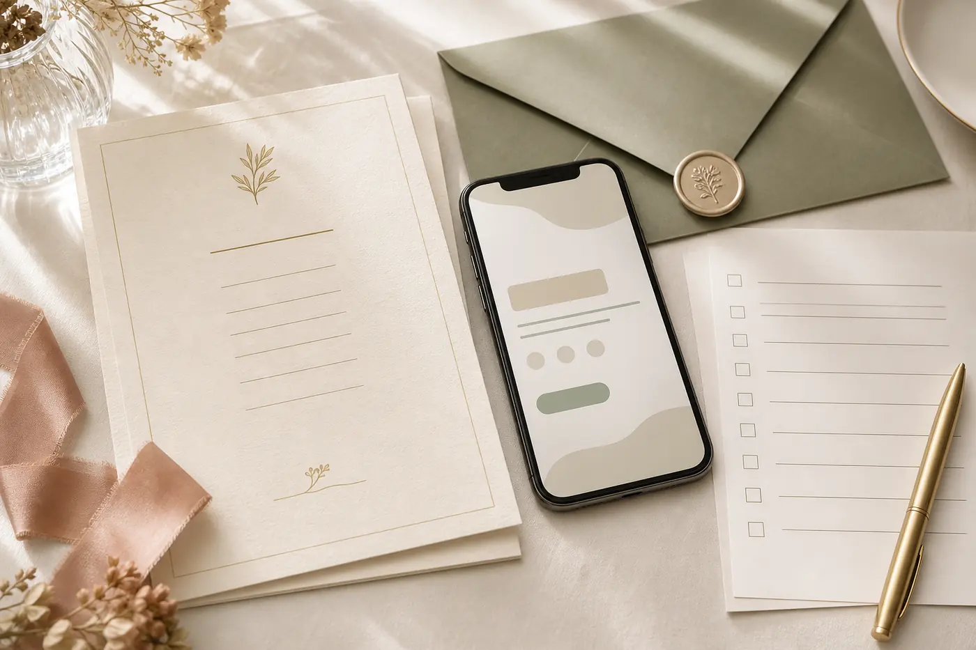 RSVP planning checklist beside a phone and sage wedding stationery